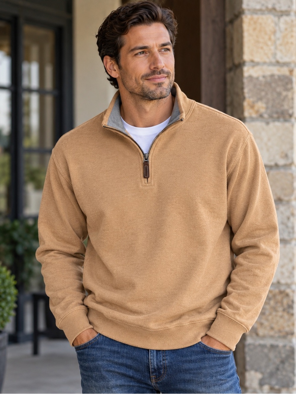 Lands’ End Men’s 2XL Camel Quarter Zip Pullover Cotton Blend Sweater Like New